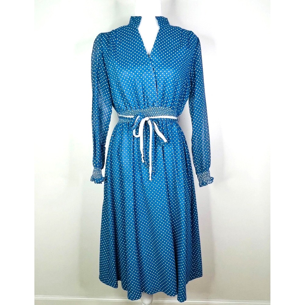 Vtg Holly-Mode of California Dress Sz 10 Blue Polka Dot Midi Prairie Cottagecore